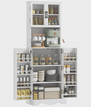 Stijlvolle Witte Buffetkast Keukenkast met Vitrine, 4 Deuren en 8 Kruidenrekken - Ideaal voor Keuken en Servies