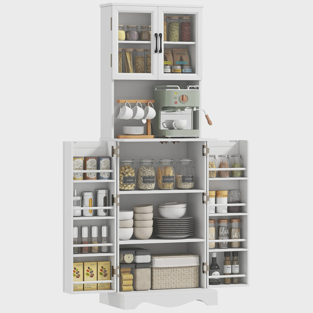 Stijlvolle Witte Buffetkast Keukenkast met Vitrine, 4 Deuren en 8 Kruidenrekken - Ideaal voor Keuken en Servies