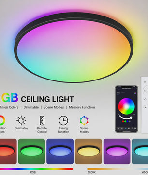 Slimme Plafondlamp LED RGB 24W Dimbare Rond Zwart 30cm met Afstandsbediening & App Bediening