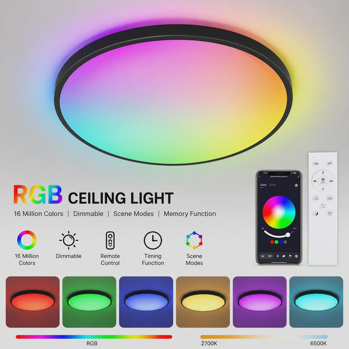 Slimme Plafondlamp LED RGB 24W Dimbare Rond Zwart 30cm met Afstandsbediening & App Bediening