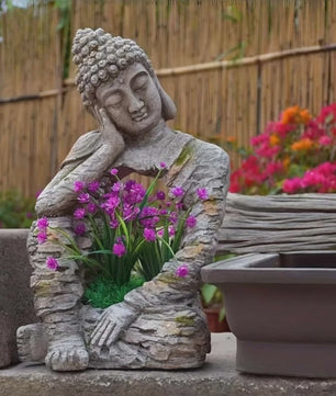 Retro Verweerd Buddha Beeld met Bloembak - Zen Tuindecoratie