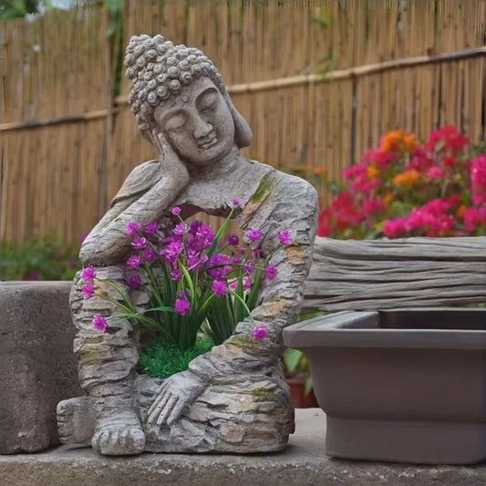 Retro Verweerd Buddha Beeld met Bloembak - Zen Tuindecoratie