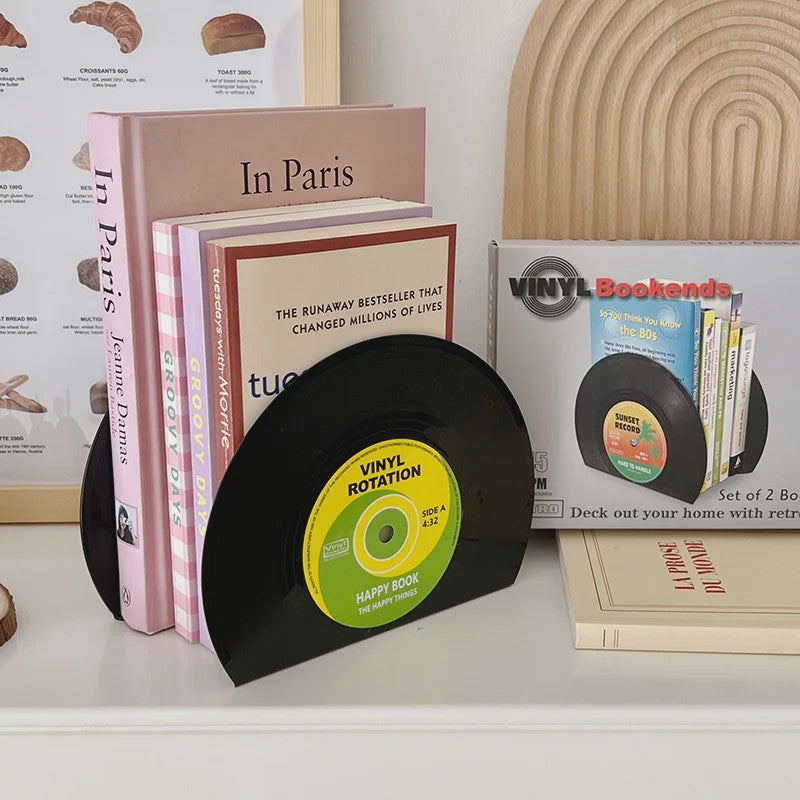 Retro Vinyl Plaat Boekensteunen - Set van 2 - Vintage Decoratie voor Bureau & Kantoor