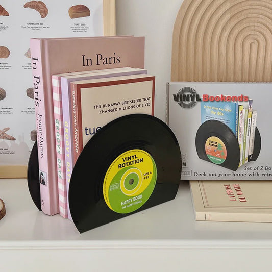 Retro Vinyl Plaat Boekensteunen - Set van 2 - Vintage Decoratie voor Bureau & Kantoor