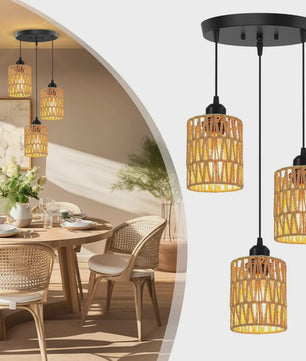 3-Lichts Rotan Hanglamp - Farmhouse Boho Stijl met Wicker Kappen voor Eetkamer, Keuken & Slaapkamer