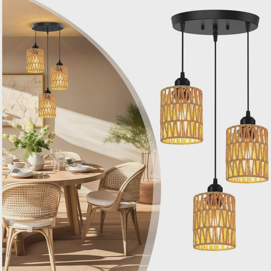3-Lichts Rotan Hanglamp - Farmhouse Boho Stijl met Wicker Kappen voor Eetkamer, Keuken & Slaapkamer