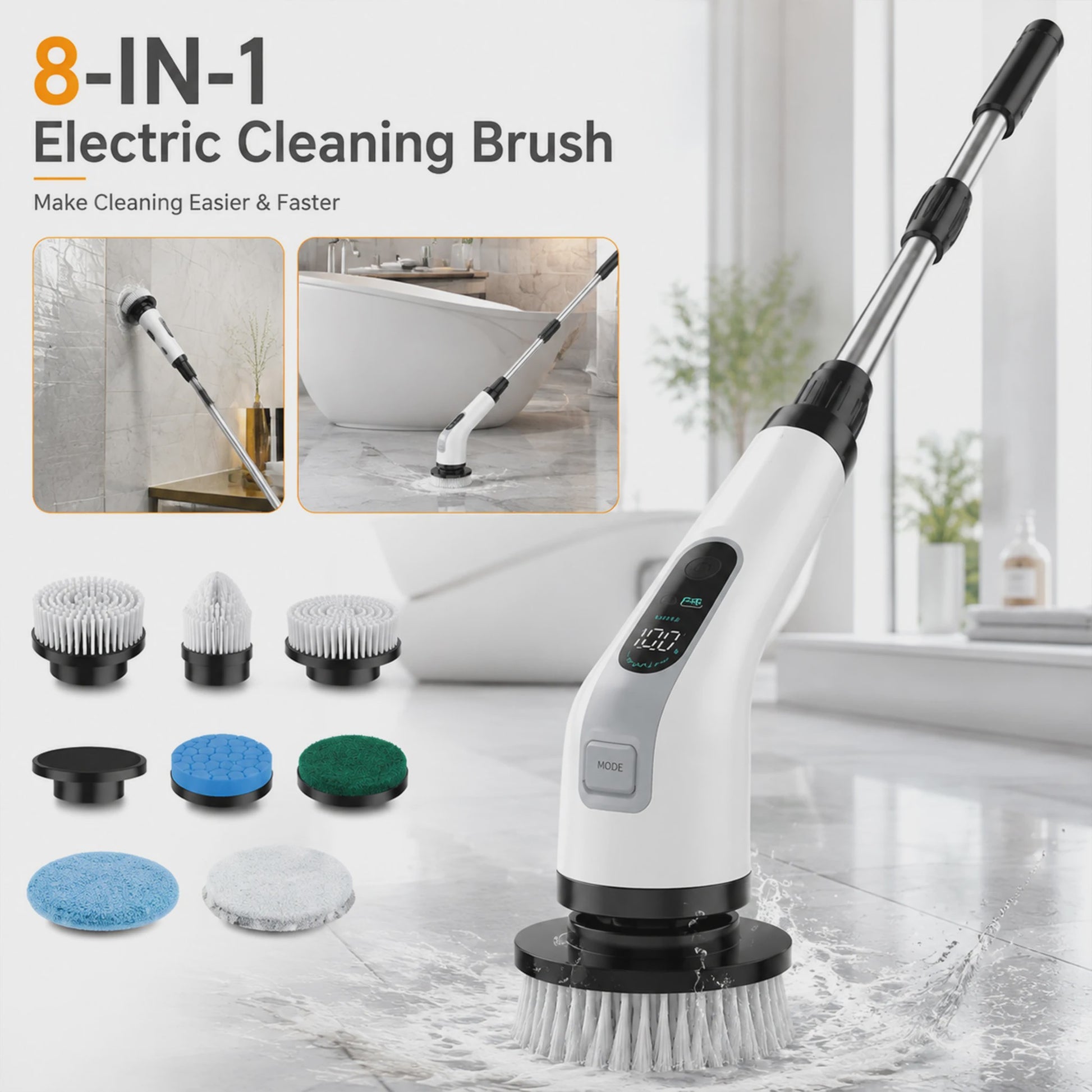Elektrische Spin Scrubber 8-in-1 met Telescoopsteel en 8 Opzetborstels