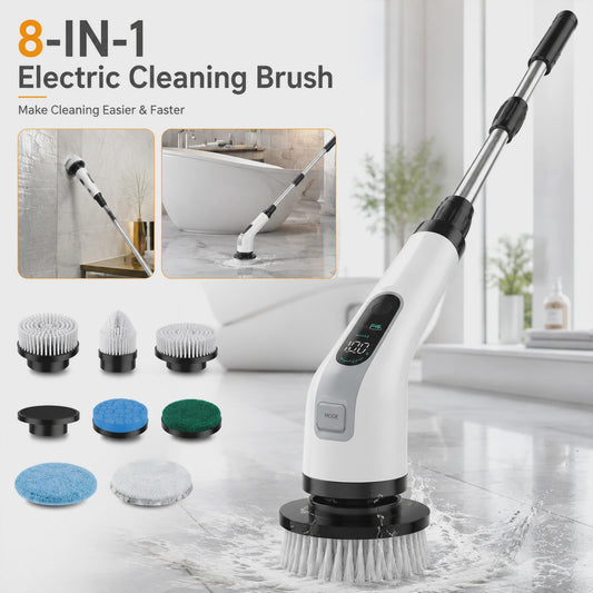 Elektrische Spin Scrubber 8-in-1 met Telescoopsteel en 8 Opzetborstels