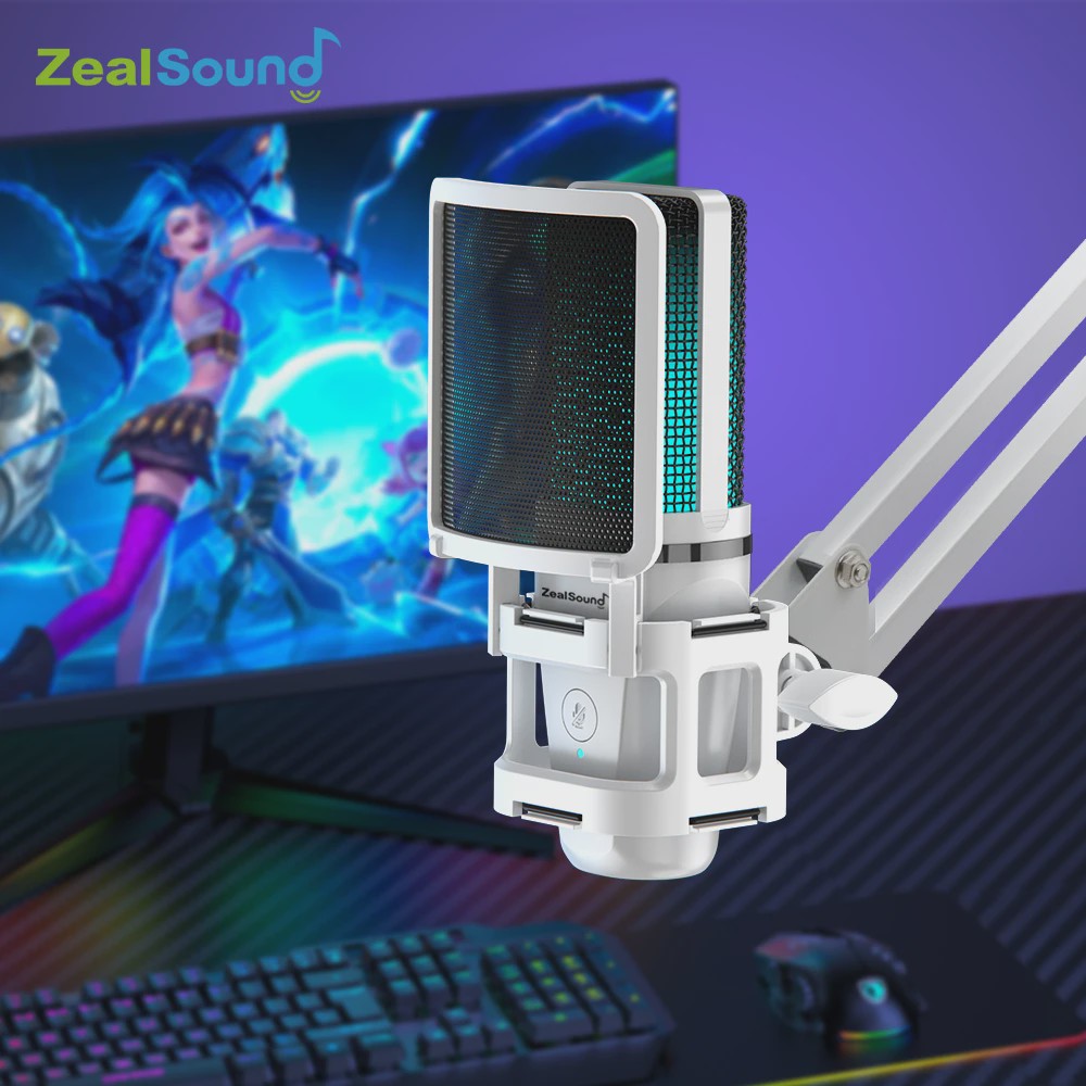 Zealsound RGB USB Condensator Microfoon met Verstelbare Arm - Wit | Gaming, Streaming & Opnames