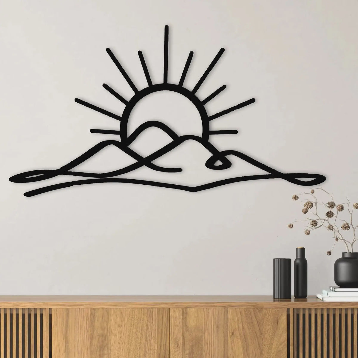 Metal Muurdecoratie Zonsondergang met Bergen - Boho Stijl Wanddecoratie