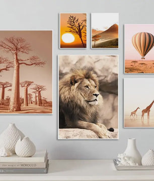 Canvas Poster Set: Leeuw, Giraffe, Olifant, Ballonvaart & Natuurlandschap