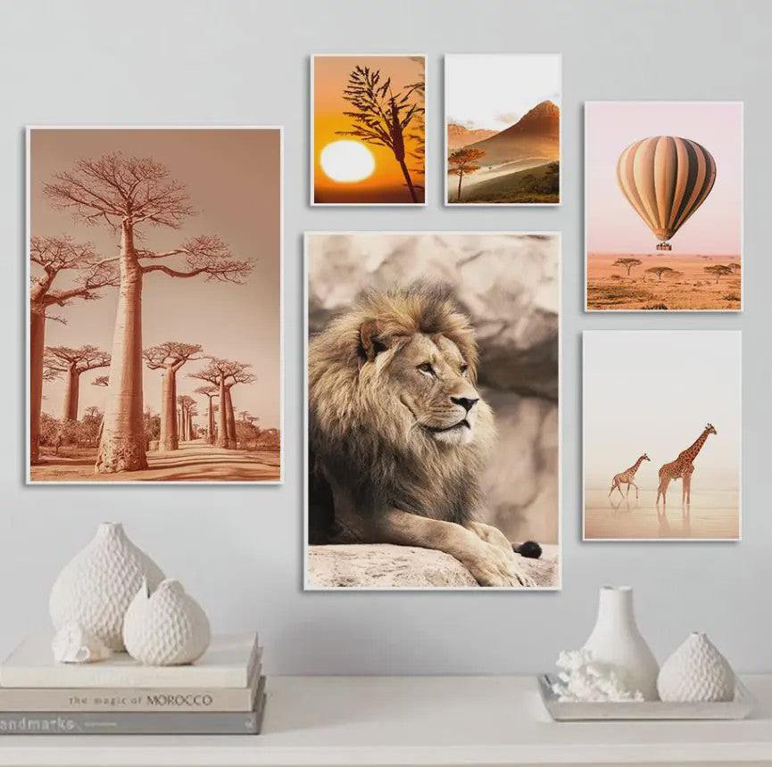 Canvas Poster Set: Leeuw, Giraffe, Olifant, Ballonvaart & Natuurlandschap