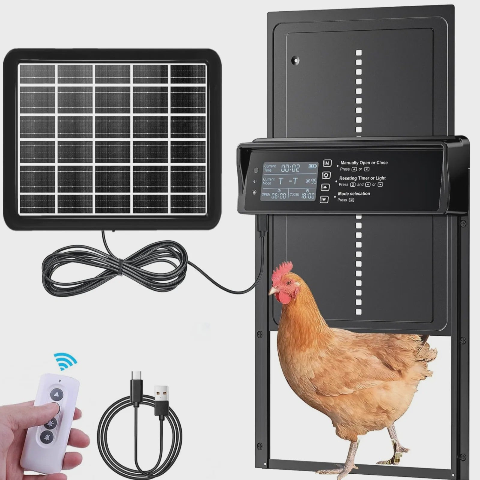 Automatische Kippenhuis Deuropener - Zonne-energie, Afstandsbediening & Sensor