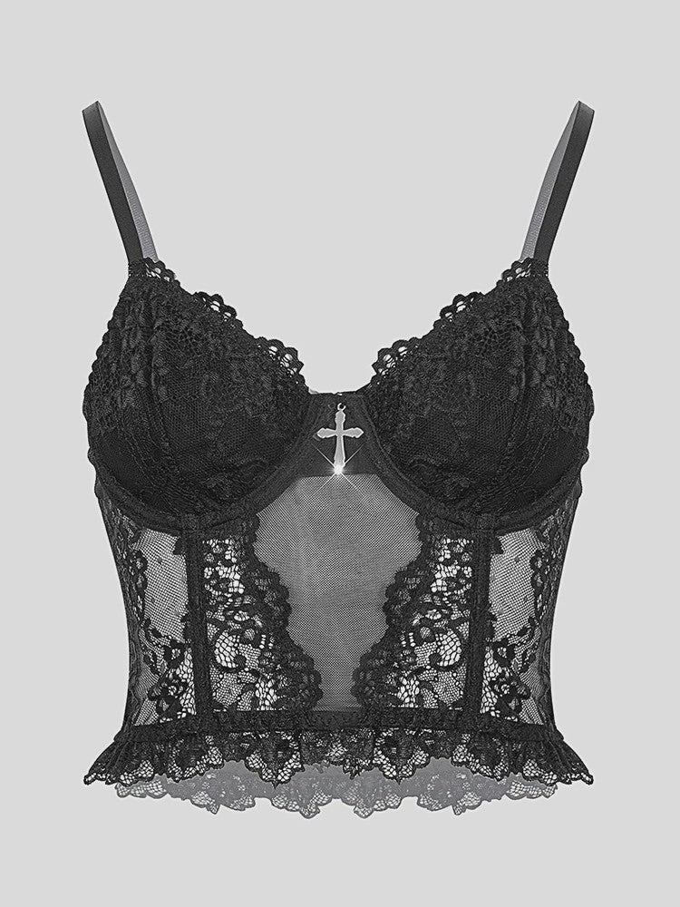 Dames Sexy kanten lingerie top met visgraat en stalen ring