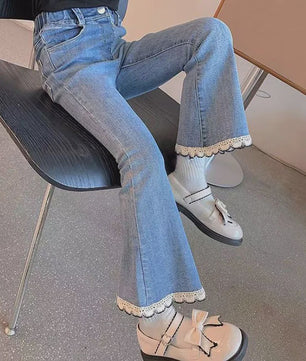 Bell-bottom Jeans voor Meisjes met Kraaltjes en Kant - Modieuze Stretch Denim Broek