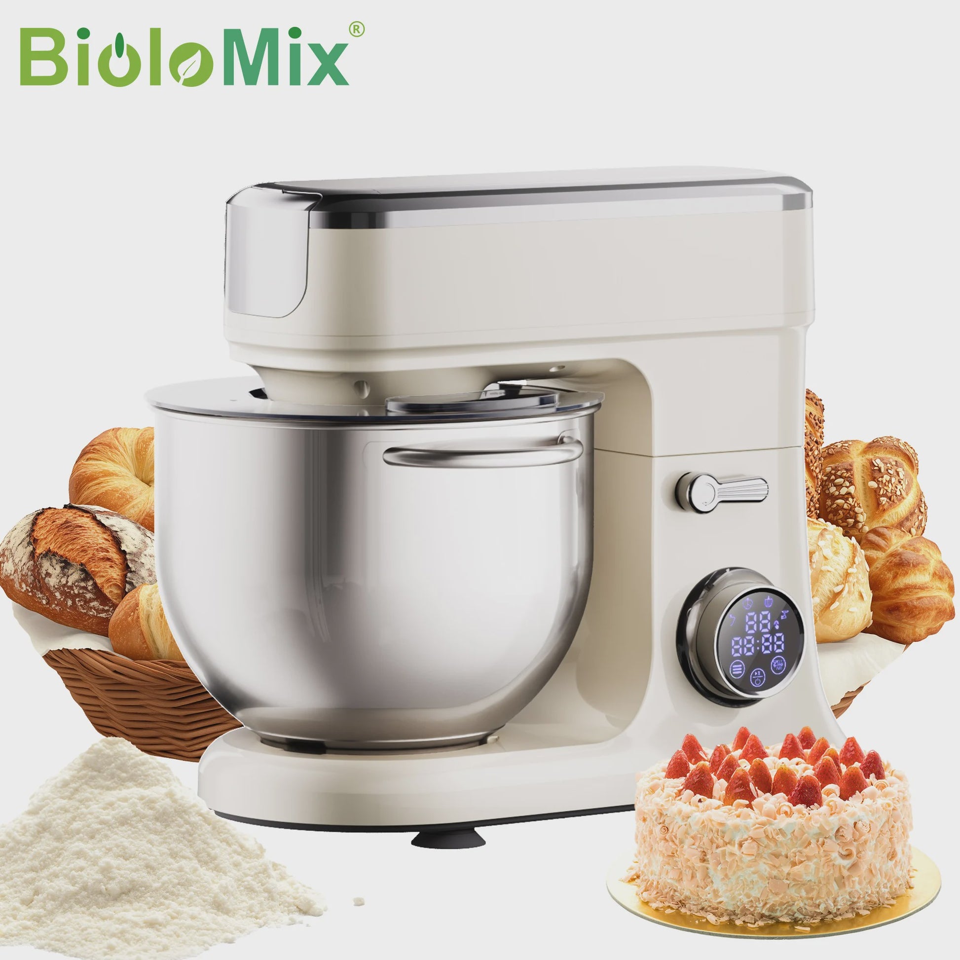 BioloMix Keukenmachine 7L - 1200W Krachtig, Met Deegmixer, Garde, Klopper & Gehaktmolen