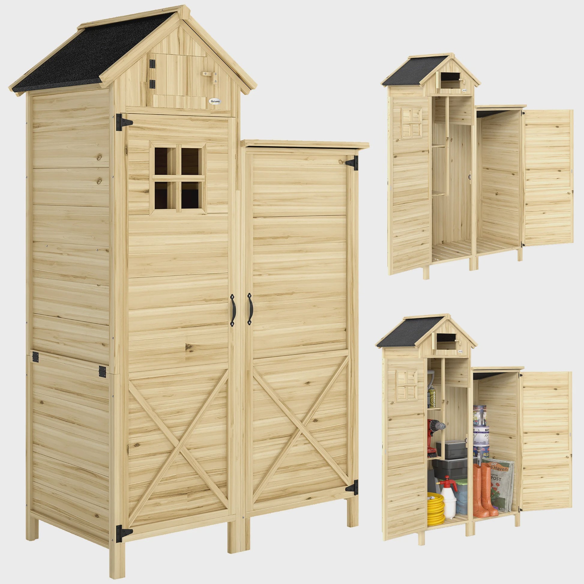 Outsunny Houten Tuinkast met Dubbele Zone en Verwijderbare Planken - 106x57x167 cm