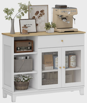 Stijlvol Wit Sideboard met Glazen Deuren, Lade en Open Vakken - 100x35x80.3 cm