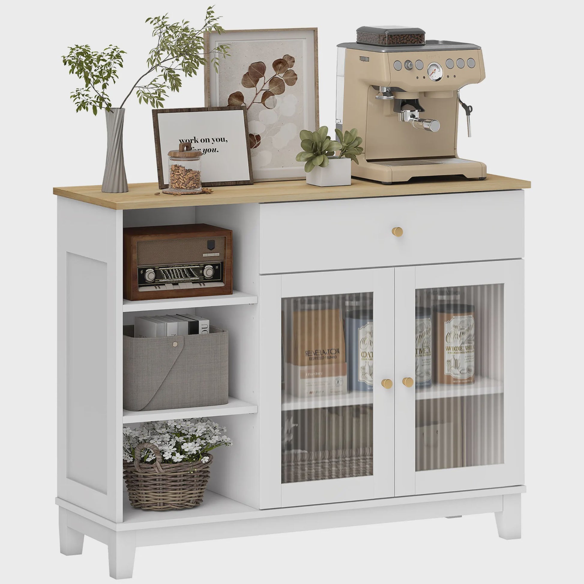 Stijlvol Wit Sideboard met Glazen Deuren, Lade en Open Vakken - 100x35x80.3 cm