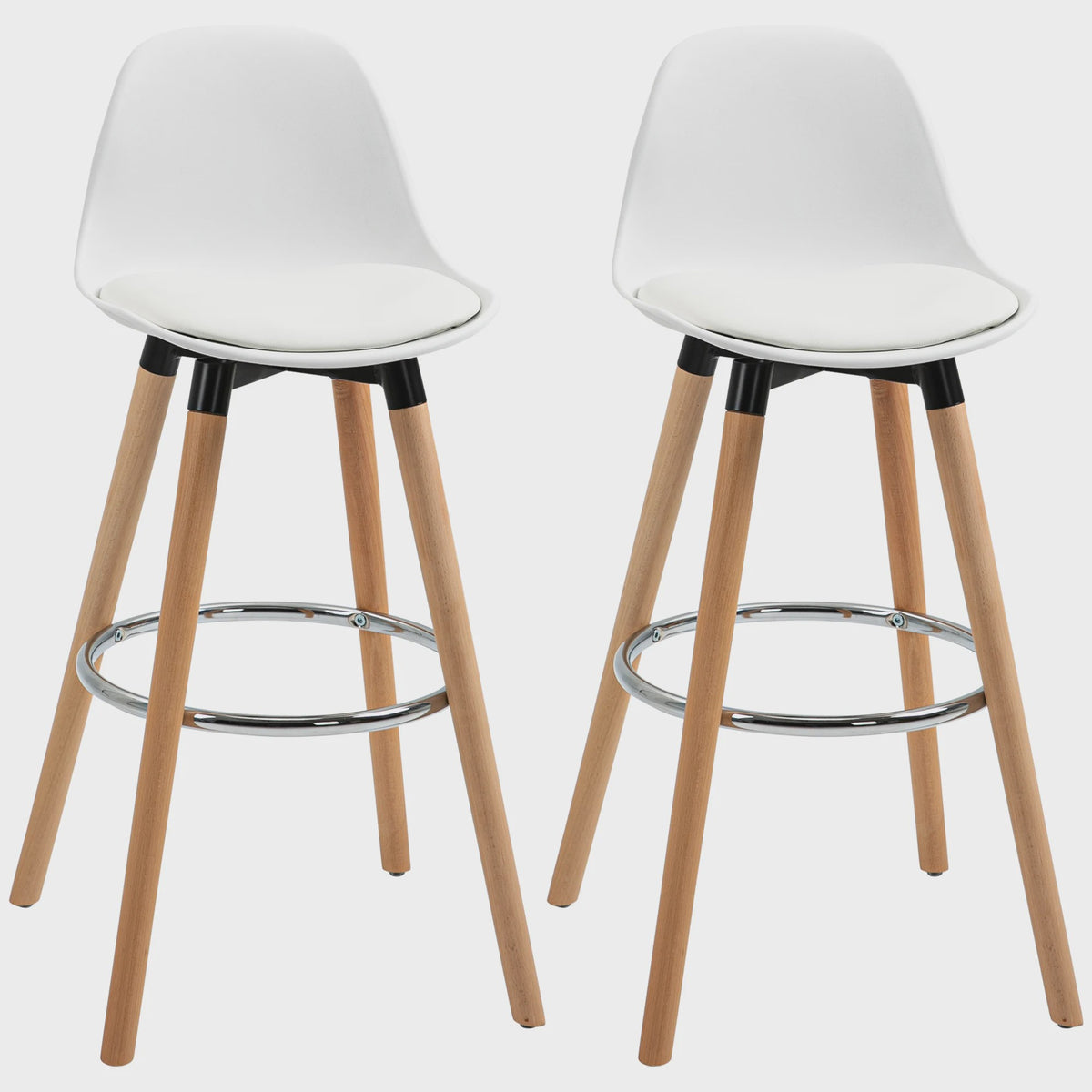Set van 2 Luxe Barstoelen met Witte PU Bekleding en Houten Poten