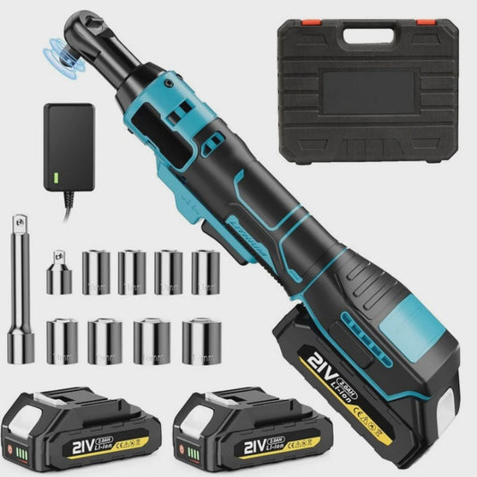 Krachtige 21V Accu Ratel Sleutel Set - 100Nm Koppel, Borstelloos, 3/8 Inch, Incl. 2 Batterijen & 8 Doppen