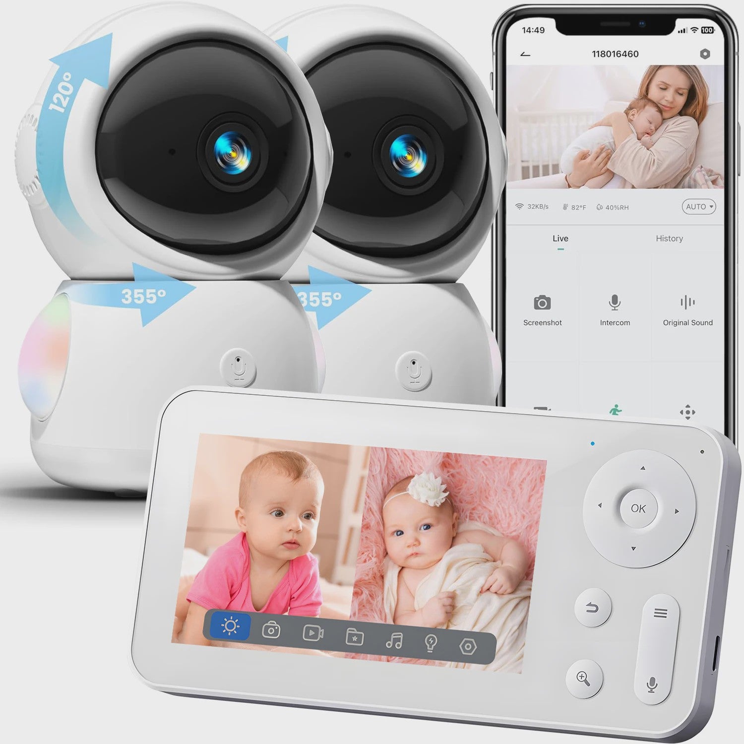 WiFi Babyfoon met Twee Camera's, Split-Screen, App Controle & 4.3" IPS Scherm - 2K 3MP Auto Tracking PTZ