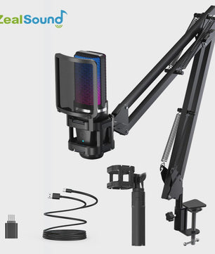 Zealsound RGB Opname Microfoon met Arm & Statief - USB Condenser voor Gaming, Podcast & Streaming