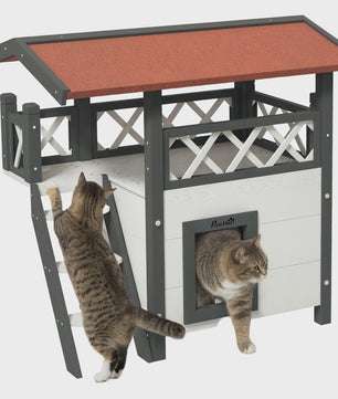 PawHut Luxe Kattenhuis Villa met Terras, Trap en Dak - 77x50x73 cm - Wit/Rood
