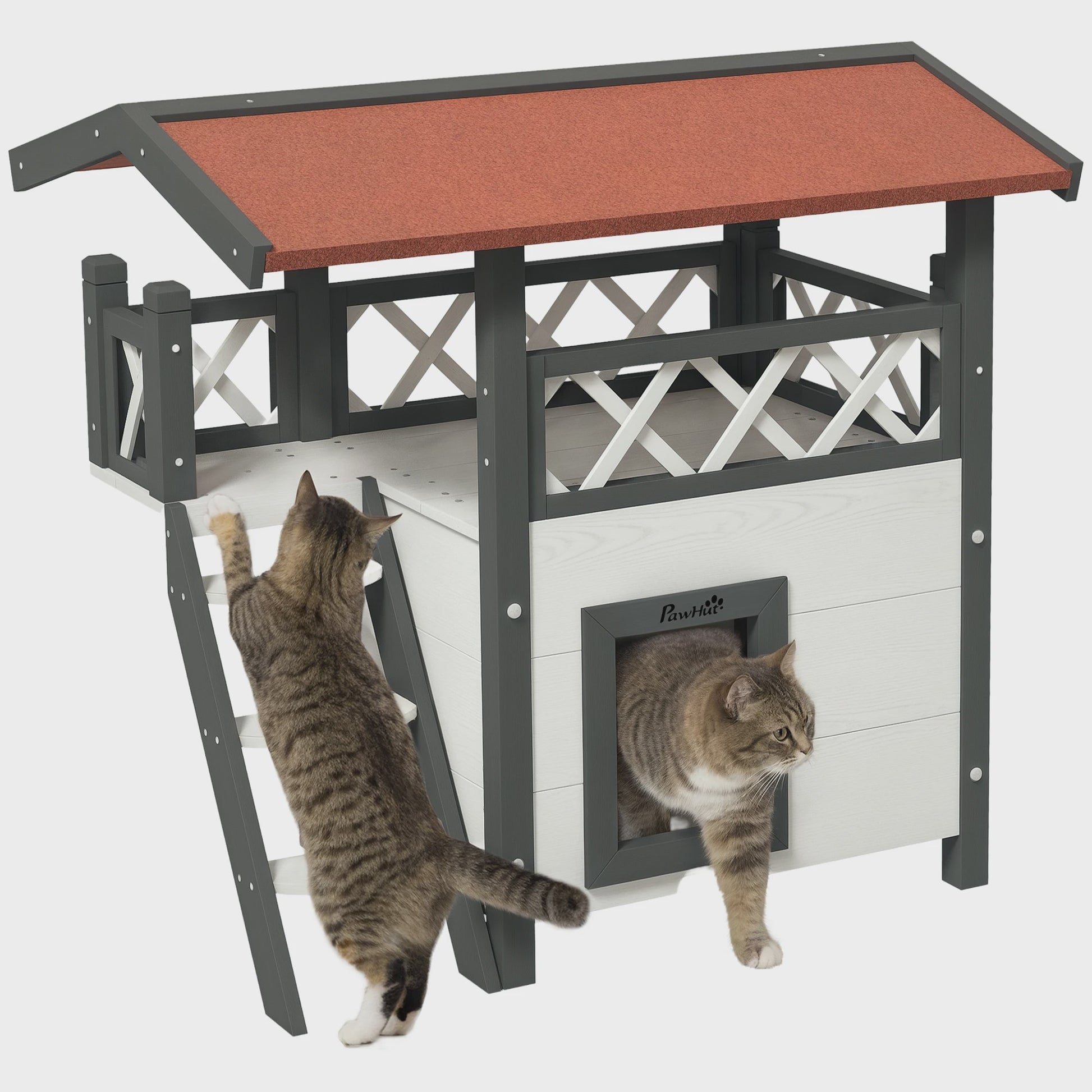 PawHut Luxe Kattenhuis Villa met Terras, Trap en Dak - 77x50x73 cm - Wit/Rood