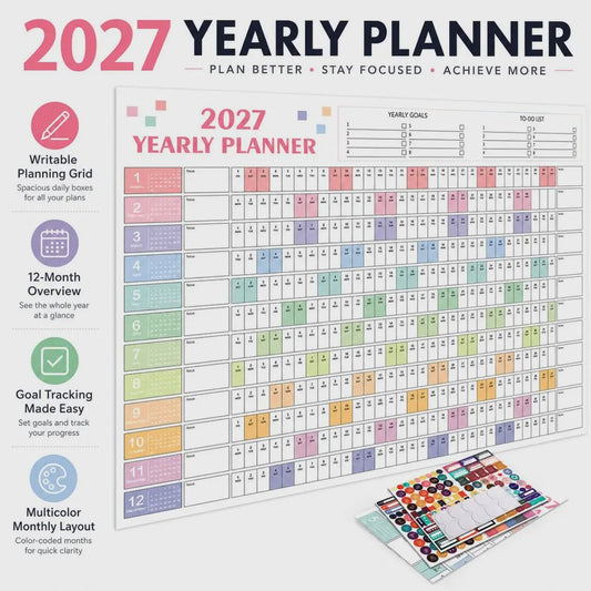Jaarplanner 2027 - Grote Wandkalender met Planvakken en Stickers