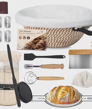 Complete Sourdough Brood Bakset: Gistingmand, Starterglas & Bakgereedschap