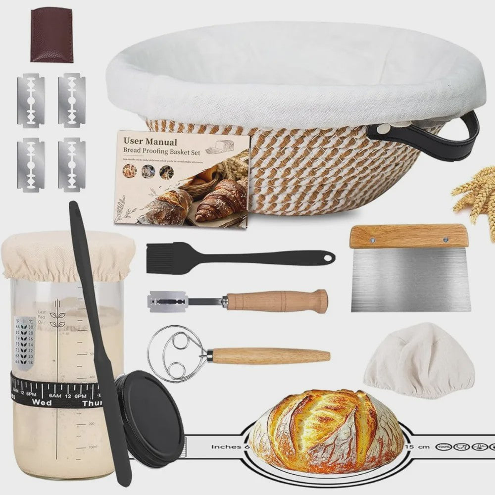 Complete Sourdough Brood Bakset: Gistingmand, Starterglas & Bakgereedschap