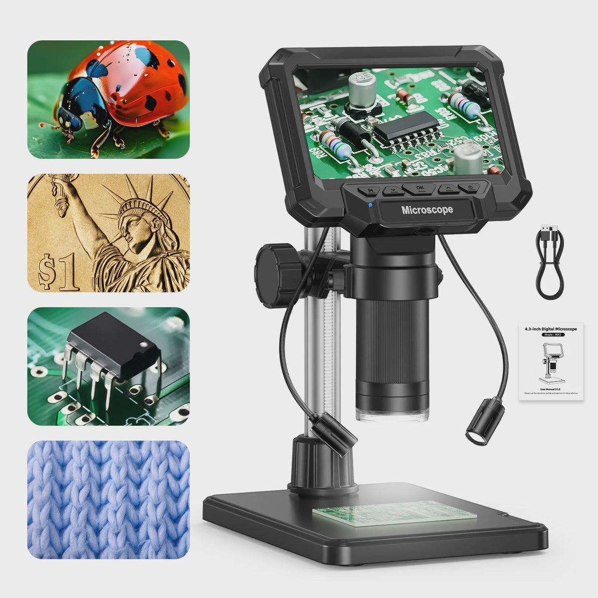 Digitale Microscoop met 4.3" IPS Scherm, 1600x Vergroting, HD Video & Foto