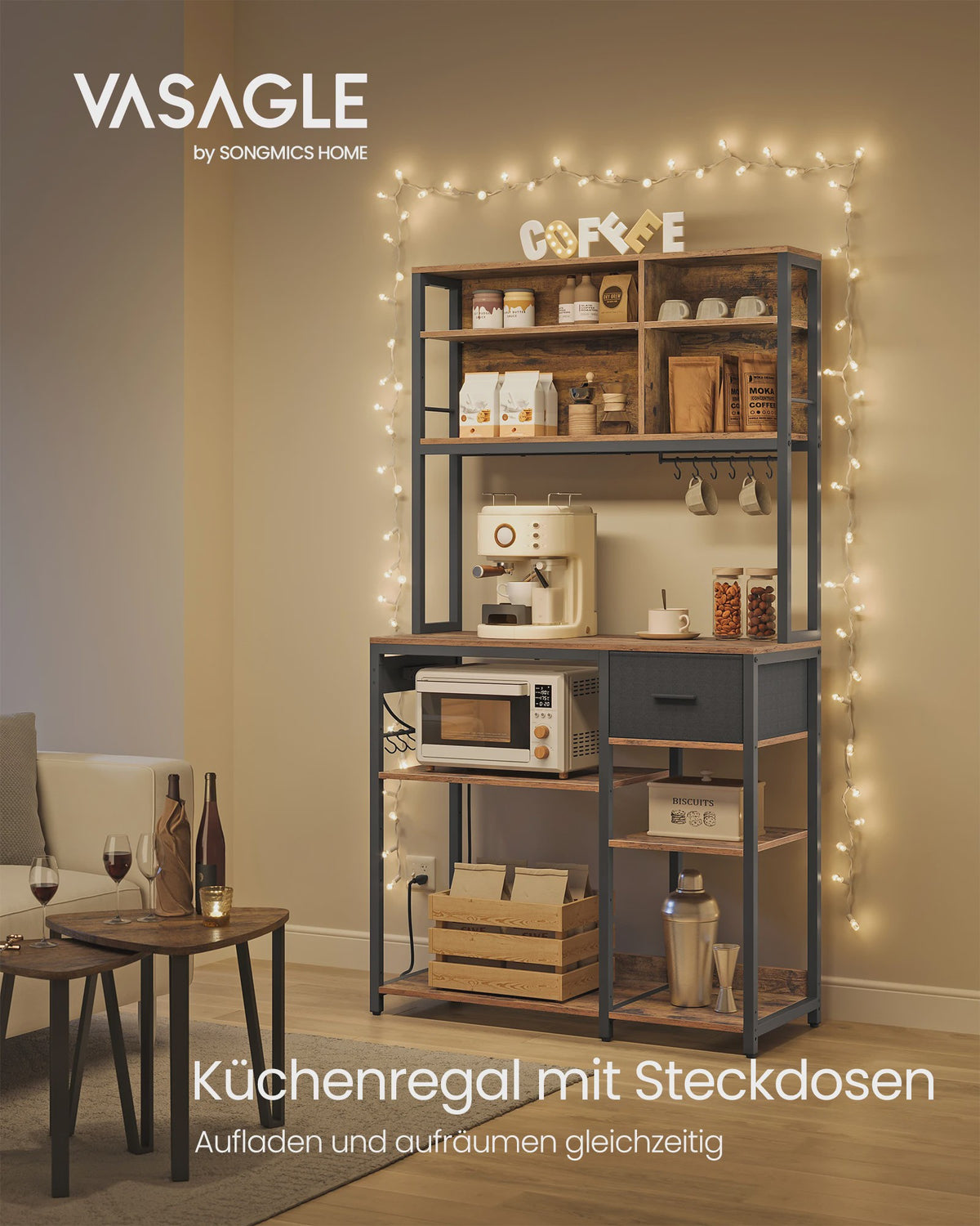 VASAGLE Keukenrek met Stopcontacten - 40x100x180.4 cm - Bruin
