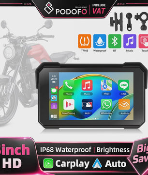 Podofo 5" IPS Touchscreen Motorfiets Smart Player - Waterdicht, CarPlay & Android Auto