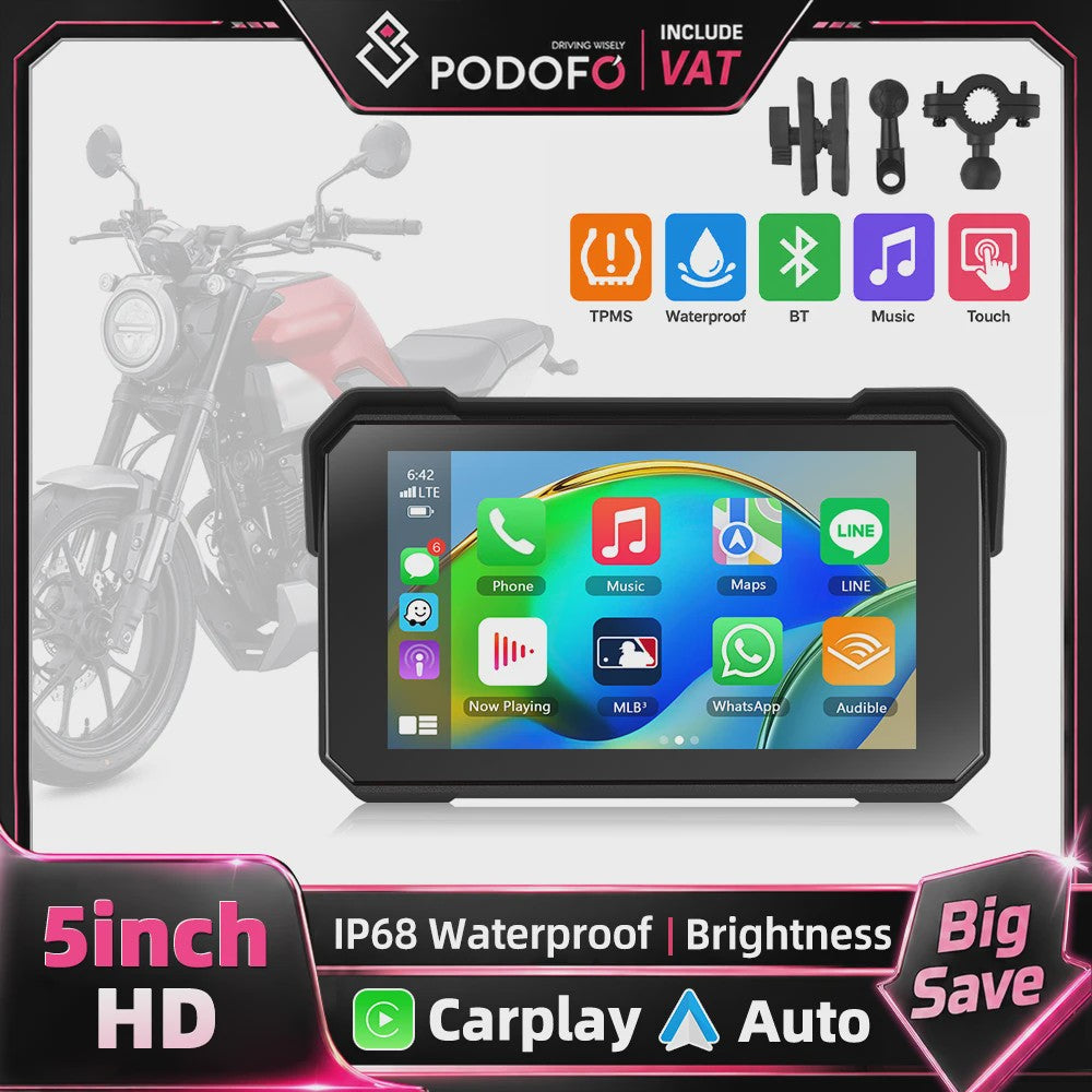 Podofo 5" IPS Touchscreen Motorfiets Smart Player - Waterdicht, CarPlay & Android Auto