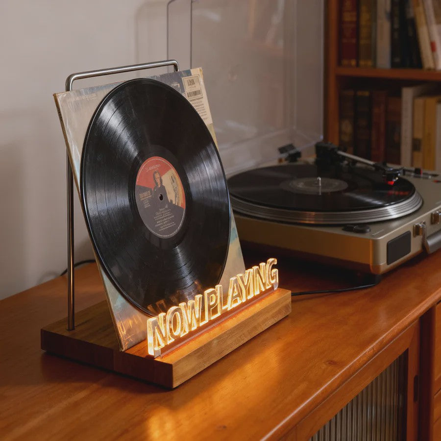 Retro Houten "Now Playing" Vinyl Platenstandaard met Neon LED Verlichting