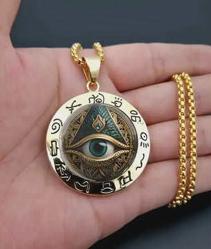 Egyptische Oog Hanger Ketting - Amulet met Hiërogliefen en Oog van Horus