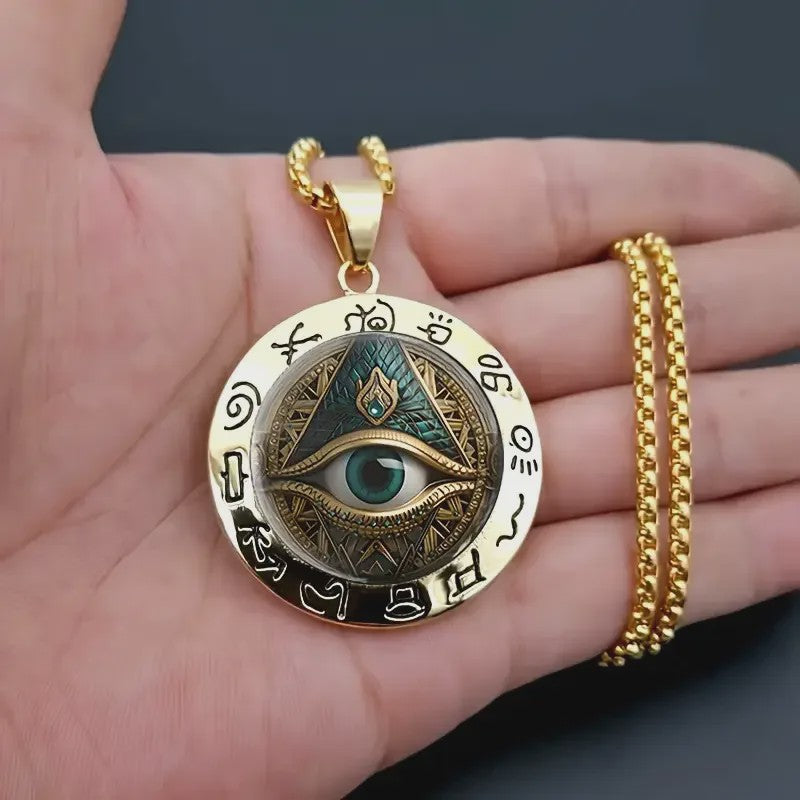 Egyptische Oog Hanger Ketting - Amulet met Hiërogliefen en Oog van Horus