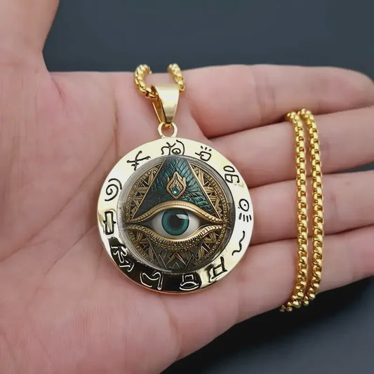 Egyptische Oog Hanger Ketting - Amulet met Hiërogliefen en Oog van Horus