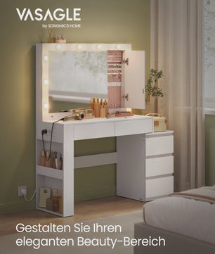 VASAGLE Kaptafel met LED Verlichting, Spiegel, Sieradenkast & Stopcontacten