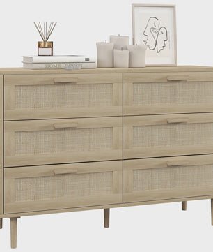 Stijlvolle Commode met 6 Lades en Rotan Fronten - Licht Hout Design - 110x40x75 cm