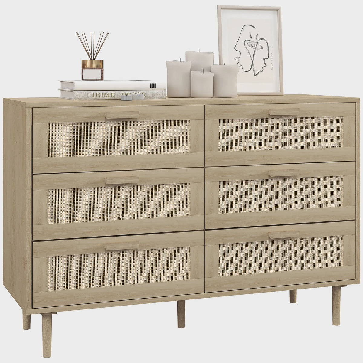 Stijlvolle Commode met 6 Lades en Rotan Fronten - Licht Hout Design - 110x40x75 cm