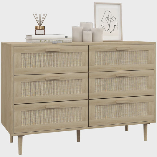 Stijlvolle Commode met 6 Lades en Rotan Fronten - Licht Hout Design - 110x40x75 cm