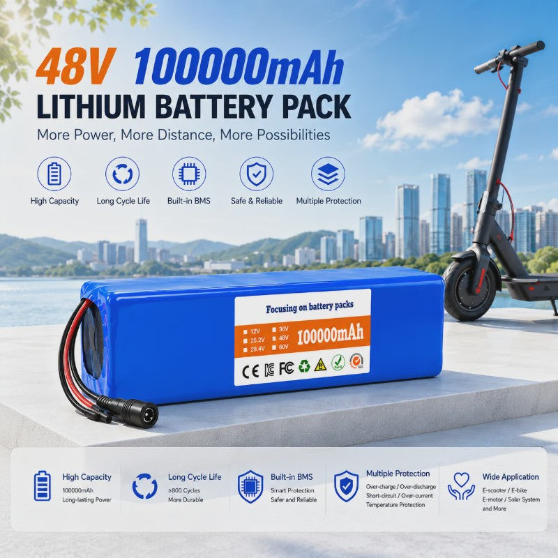 48V 100Ah Lithium Batterij Pack met BMS voor E-bike & Scooter - Inclusief 54.6V Lader