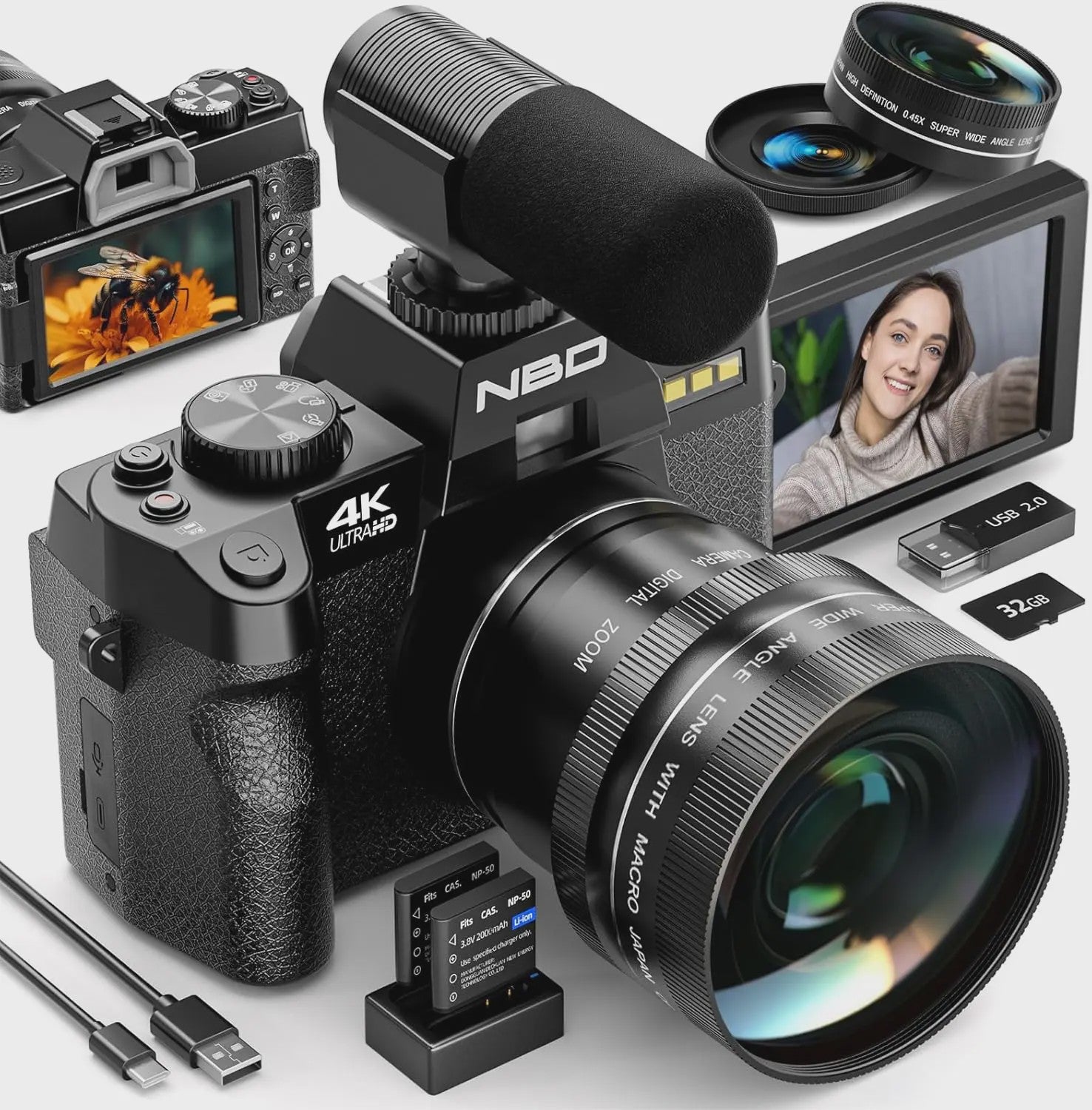 4K Digitale Camera 48MP met 16x Zoom, Draaibaar Scherm & Macro Lens voor Vlogging