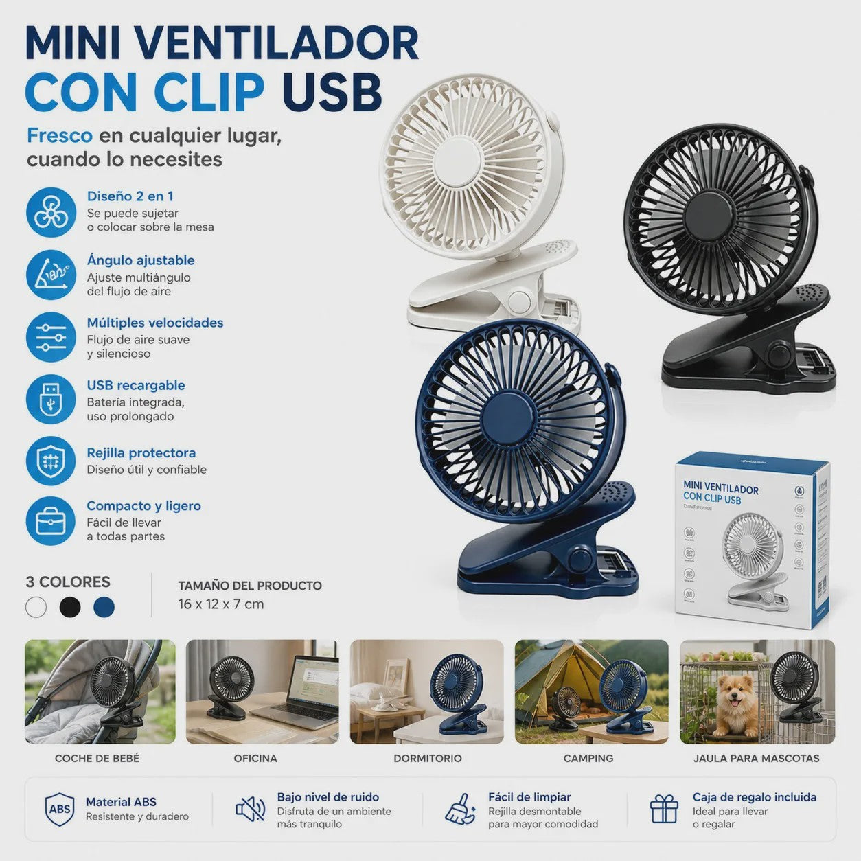 Mini Clip-On Ventilator USB Oplaadbaar - Draagbaar, Instelbaar & 3 Snelheden