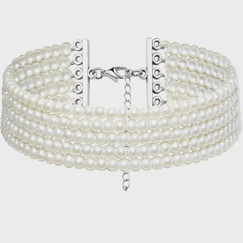 Elegante Multi-Rij Parel Choker Ketting - Handgemaakt Vintage Sieraad
