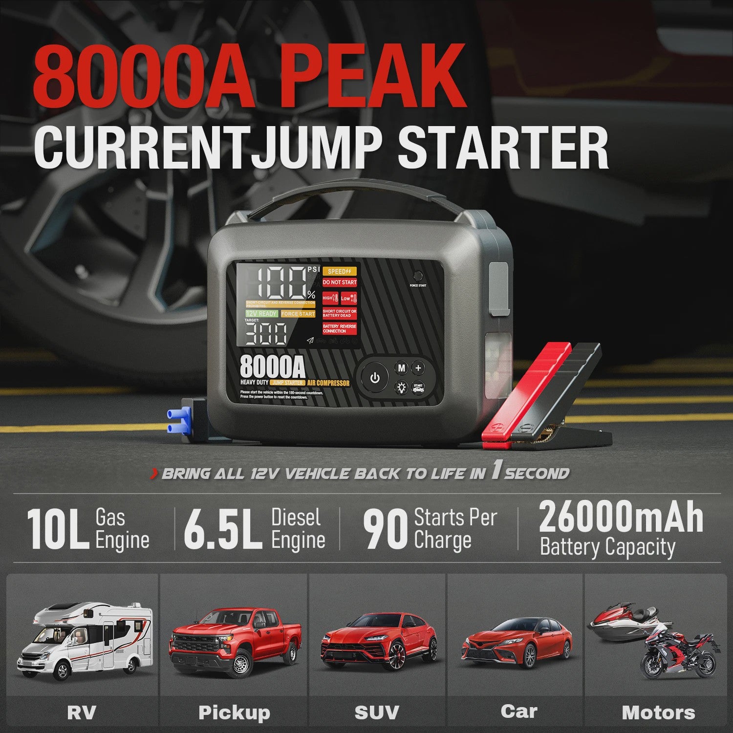 Krachtige 8000A Jump Starter met Luchtpomp - Heavy Duty Auto Startbooster 12V