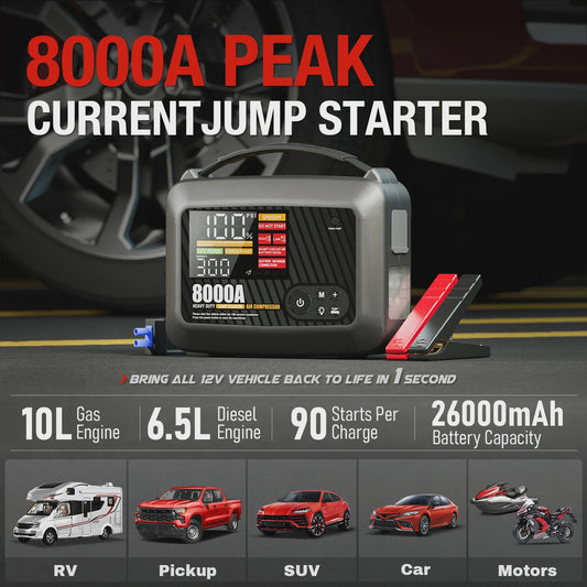 Krachtige 8000A Jump Starter met Luchtpomp - Heavy Duty Auto Startbooster 12V